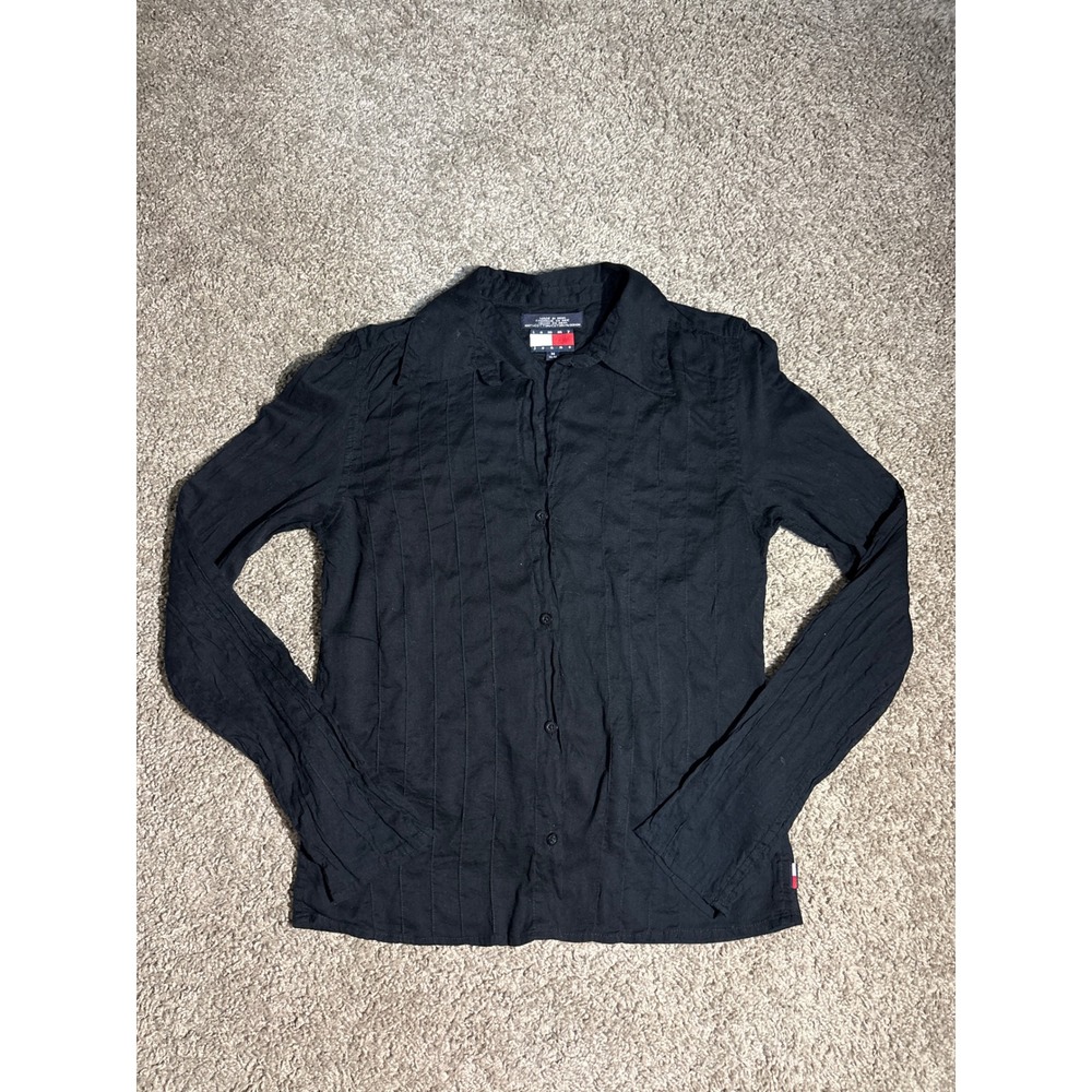 Tommy Jeans Womens Medium Black Pintuck Pleated Long Sleeve Button Down Shirt